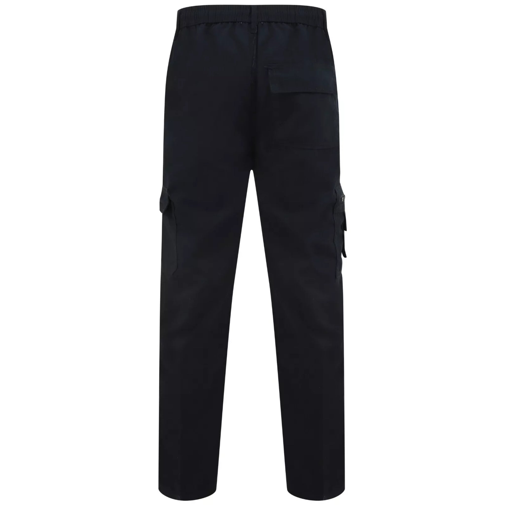 Men's navy cargo utility trousers with side flap pockets, elasticated waistband, and belt loops – durable workwear or outdoor pants